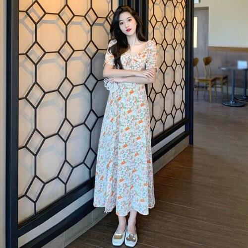 Dress Summer Women French Style Fashion Square Collar Literary Temperament Slim Design Sense Square Neck Floral Printed Dress