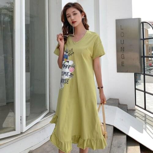 16647# Maternity Clothes Summer Cotton V Neck Short Sleeves Loose Stylish Dress Pregnant Women Mom Dress