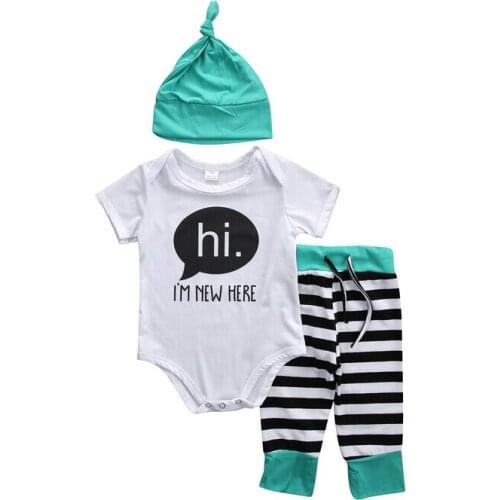 3PCS Newborn Baby Boys Clothes Rompers Tops Short Sleeve Stripe Pants Hats Outfits Summer Children Clothing Set