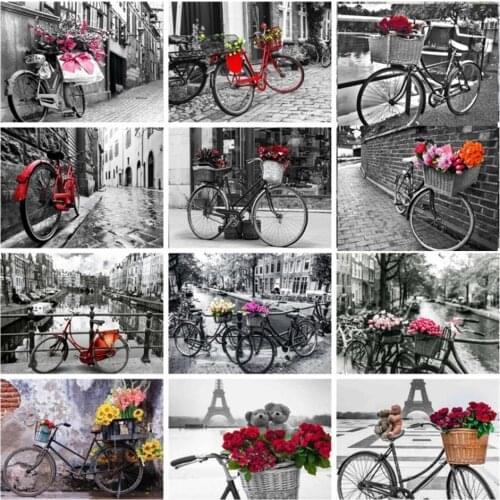 5D Diamond Painting Square Crystal Rhinestones Black and Red Bicycle Diamond Embroidery Mosaic Cross Stitch Flower Hobbies Art