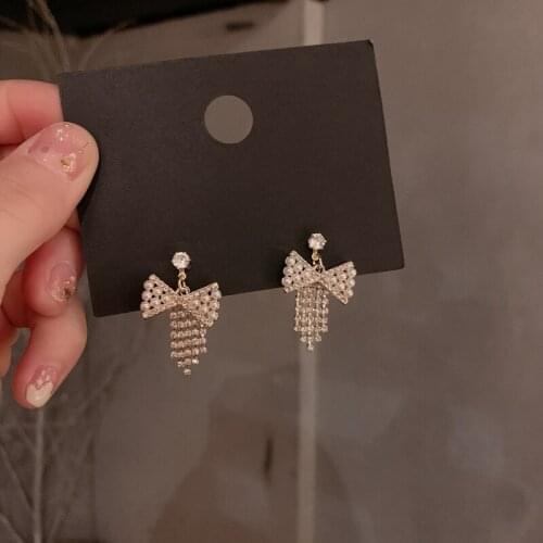 Besimpol Real 925 Sterling Silver Bow-knot Stud Earrings Elegant Pearl Zircon Tassel Earrings For Women Party Fine Jewelry Gifts