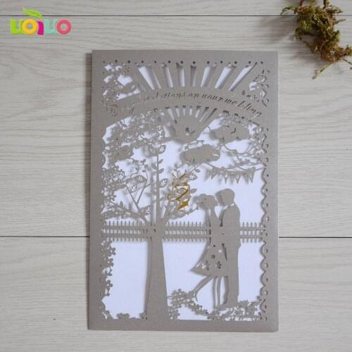 Free shipping 50set inc204 love tree two people romantic Laser Cut Wedding Invitation Card with low price luxurious wedding card
