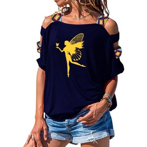 Fairy And Butterfly Funny Cartoon Print Tee T-shirt Women Top Short Sleeve Female Sexy Hollow Out Shoulder t shirt
