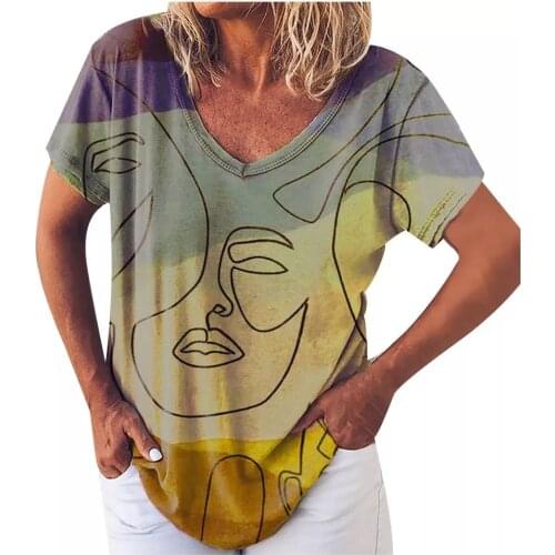 Summer Tshirts Women V-neck Short Sleeve Tops Casual Abstract Art Print T-shirt Loose Color Matching Streewear Tops
