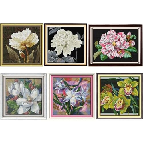 Joy Sunday Stamped Cross Stitch Kits White Poppies Flower Patterns 14CT 11CT Printed Counted Handmade Embroidery Needlework Sets