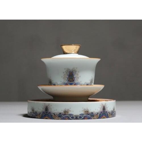 Enamel Painted Celadon Ceramic Cover Bowl Teacup Sancai Gaiwan Cup Tea Bowl Kung Fu Red Tea Puer Tes Set Tea Cups for Home