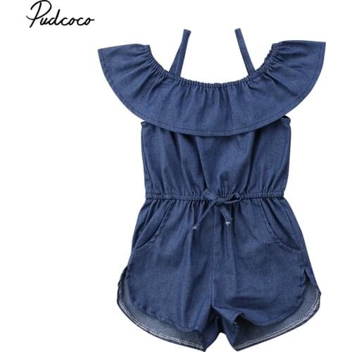 2018 Brand New Infant Toddler Infant Child Kids Girls Denim Blue Strap Romper Jumpsuit Playsuit Solid Off Shoulder Clothes 1-6T
