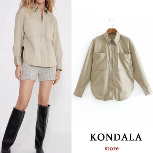 KONDALA Za Fashion Women Shirts 100% Cotton Pockets Zipper Beige Blouse Streetwear Turn Down Collar Oversized Shirts Chic Tops