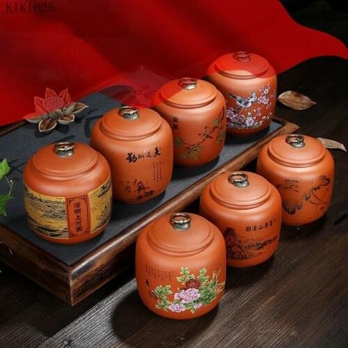 Creative Crimson Purple Clay Tea Caddy Household Sealed Storage Jar with Lid Flower Pattern Ceramic Jar Countertop Decoration