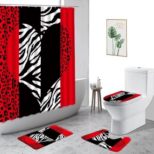 3D Fashion Leopard Print Shower Curtain Red Love Cheetah Bathroom 4-Piece Non-Slip Carpet Toilet Cover Waterproof Bath Curtains