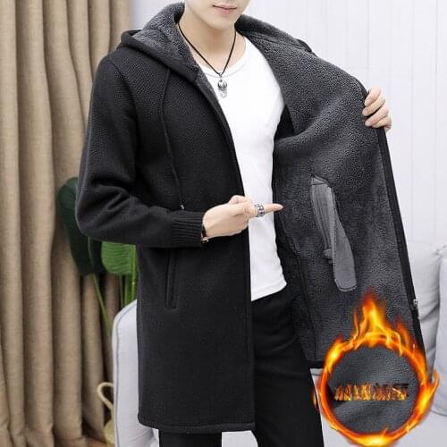 Mens Wool Cardigan Slim Fit Autumn Winter Warm Thick Solid Hooded Zipper Long Jackets Knitted Cotton Casual Fsashion Sweaters