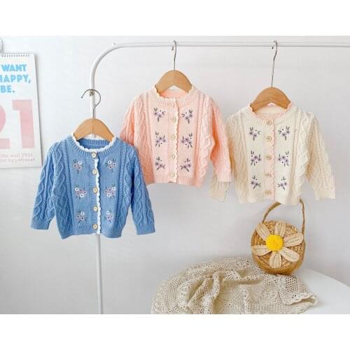 2021 New Baby Girl Knit Cardigan Flower Embroidery Sweater Autumn Long Sleeve Girls Knitted Sweater Jacket Children Coat