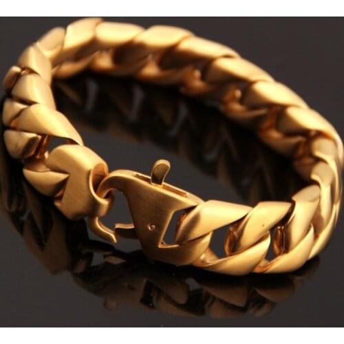 Charming 316L Stainless Steel Gold Brushed 15mm Wide Cuban Curb Chain Biker Jewelry Mens Bracelet Bangle 8.26" Christmas Gift