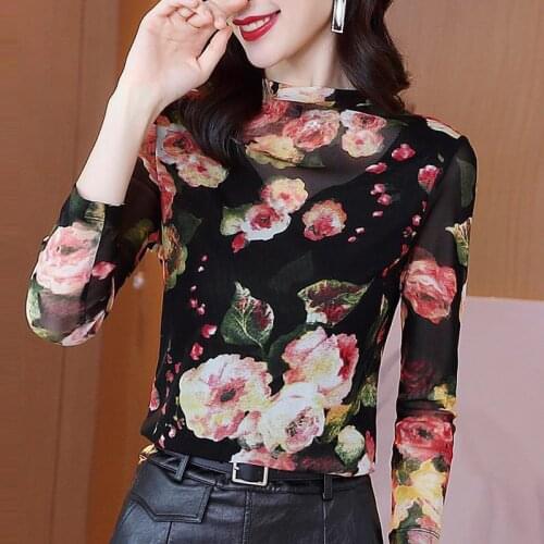 Fall Spring Womens Fashion Turtleneck Floral Pattern Stretchy Mesh T Shirt Top , Korean Autumn Tops Shirts for Women Clothing