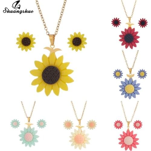 Resin Sunflower Charms Chain Necklace Earrings Women Wedding Jewelry Sets Fashion collier femme Girls New Year Christmas Gift