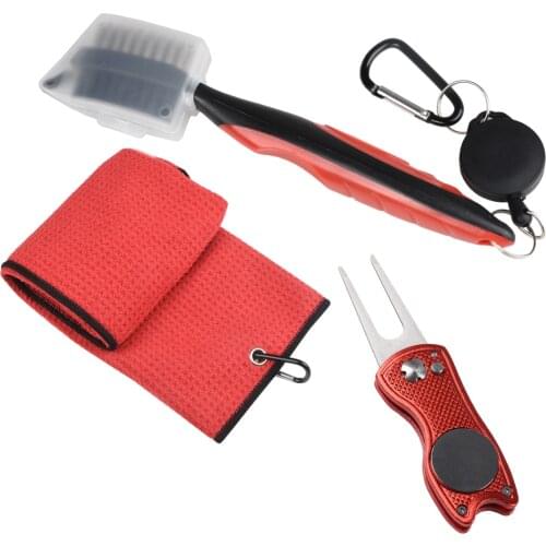 Microfiber Waffle Pattern Tri-fold Golf Towel | Brush Tool Kit with Club Groove Cleaner | With Golf green fork