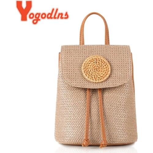 Yogodlns Casual Straw Backpack Women Woven Rucksack Summer Teenage Girl School Packs Large Capacity Rucksack Trave Beach Handbag