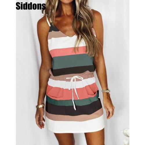 Casual Women Colorblock Drawstring Robe Mini Sundress Women Stripped Pocket Design Dress