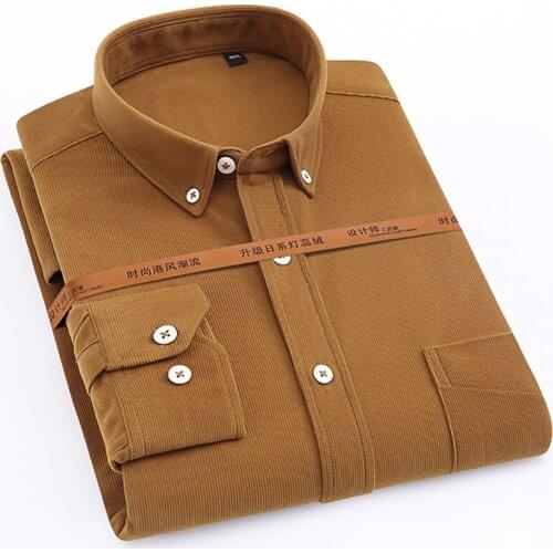 Button Collar Mens Shirt Casual Warm Leisure Solid Mens Corduroy Shirts Long Sleeve Well Fit Clothing for Men Brown 2020 New