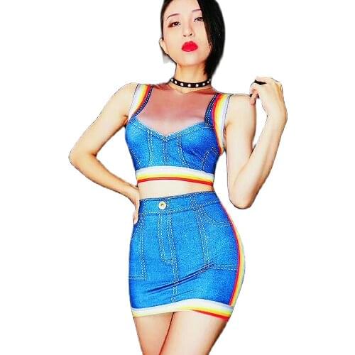 Denim Blue Pattern Printing Backless Mini Dresses Party Dress Women Nightclub Dance Show Wear Personality Performance Costume