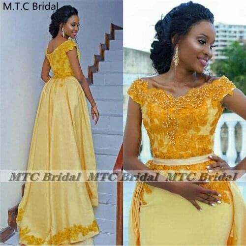 Light Yellow Mermaid Long Prom Dresses For Black Girls Detachable Train Beads Lace Elegant Formal Occasion Party Prom Gowns