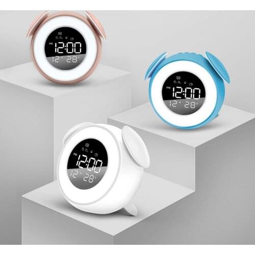 Led Music Alarm Bedside Sunrise Sunset Wake Up Light Digital Mirror Clock Bedroom Desk Calendar Snooze Clock Table Phone Charger