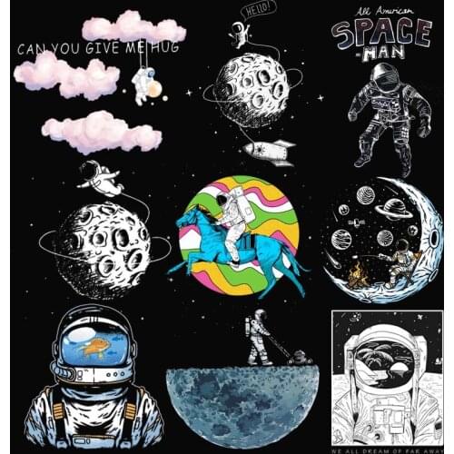 Prajna Space Astronaut Patch Heat Transfer Vinyl Iron On Transfer For Clothing Planet Moon Thermal Stickers On Clothes Applique