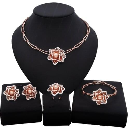 Yulaili Nigerian Wedding Rose Gold Color Necklace Earrings Bracelet Ring Bridal Party African Dubai Jewelry Sets for Women