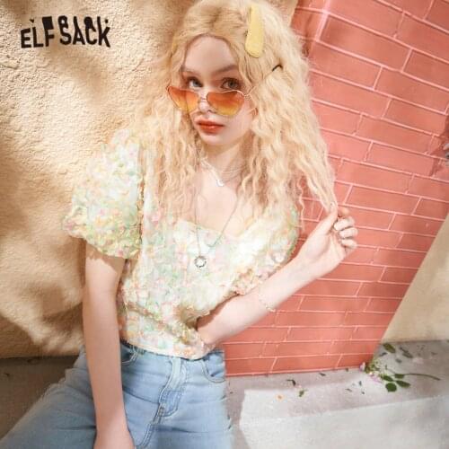 ELFSACK Floral Contrast Lace Casual Vintage Blouse Shirts Women 2021 Summer Puff Sleeve Sweety Girly Basic Daily Milkmaid Top