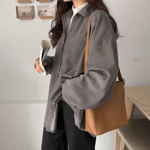 2021 New Fashion Woman Corduroy Jacket Solid Shirt Single Breasted Turn Down Collar Long Sleeve Pocket Button Feminina