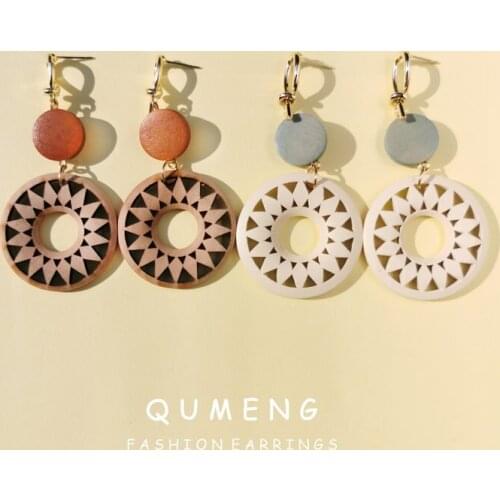 QUMENG 2020 Korea Handmade Wooden Bohemian stud Earrings for women New Fashion Cut Out Geometric Hollow pattern ethnic Earrings