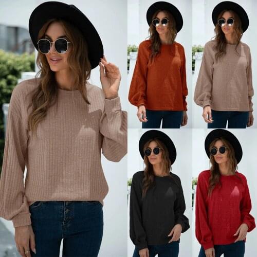 Women T-Shirts Round Neck Full Sleeve Lantern Knitted Rib Striped Solid Color Casual Female Blouse Loose Style Tops Tees C2870