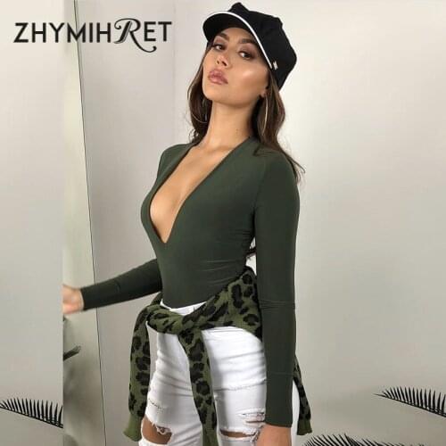 ZHYMIHRET 2020 Autumn Winter Deep V Neck Bodysuit Women Long Sleeve Body Mujer Basic Sexy Bodycon Rompers Female