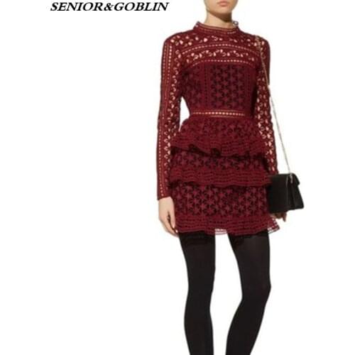 New Arrive 2019 High Quality Spring Runway Self Portrait Women Dress Female Vintage Red Blue White Lace Dress