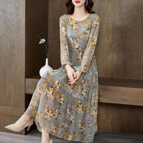 Long Sleeve Floral 2021 Spring Women Dress Knee-Length Bohimian Style Dress Big Swing Elegant Wear High Waist With Sashes Dress