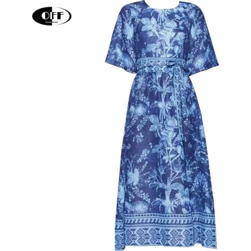 Designer Runway Vintage Printed Midi Dresses For Women Summer Short Sleeve Bow Retro Blue Floral Traf Basic Party Holiday Dress
