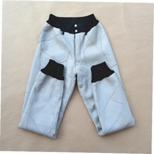 2021 Mens Sheep Stitching Pants Leather and Fur in One Wool Warm Padded Elastic High Waist Pants