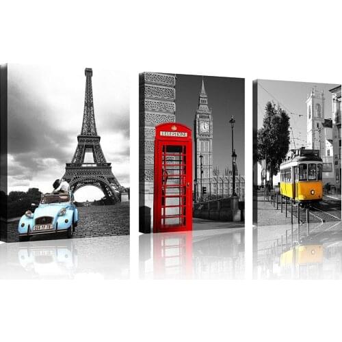 3 Panel Black and White with Eiffel Tower Red Car NYC Paris London Eiffel Tower New York City Wall Art Decor Drop shipping