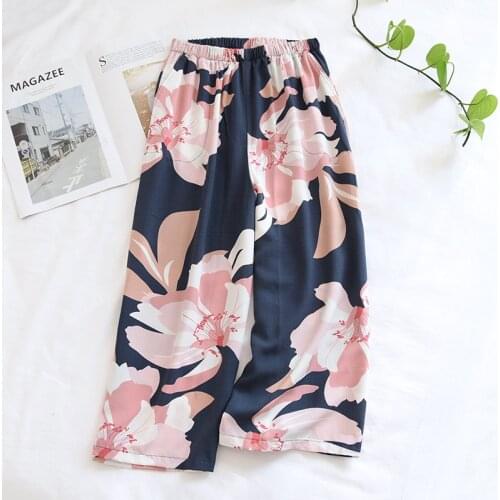 Summer Pajama Pants Women Rayon Casual Home Lounge Wear Elastic Waist Print Calf-Length Pants Loose Sleep Bottoms Sleepwear