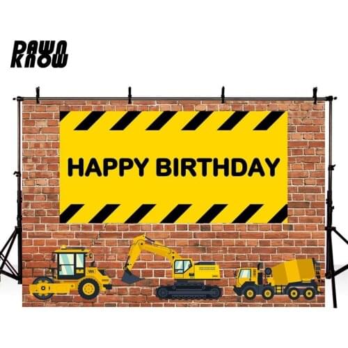 DAWNKNOW Cartoon Sling Cart Photography Background Baby Birthday Party Photocall Brick Wall Construction Backdrop Newborn lv824