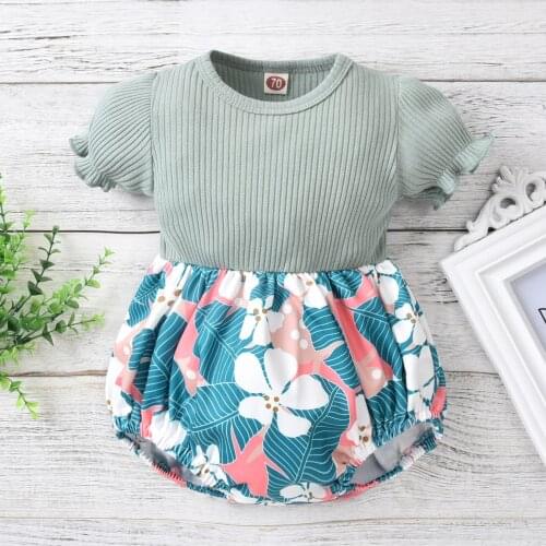Summer Baby Fashion Casual Lovely Floral Print Short Romper with Ruffles Girls Short Sleeve O-neck Splicing Jumpsuit