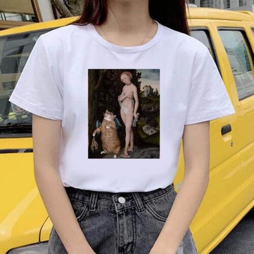 Cat painting Print T shirt Women Fashion Tshirt O neck Short Sleeve Harajuku T shirt White Tops Female Tops