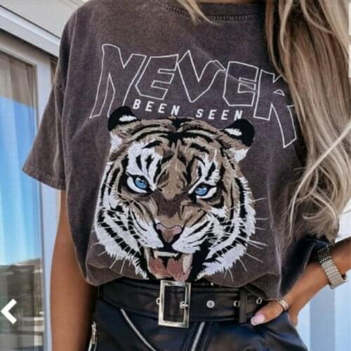 Boho Dark Gray Tiger Head Graphic Tees Women 100%Cotton Short Sleeve O Neck Tshirt Shirts Fashion Women T-shirt Casual T Shirts