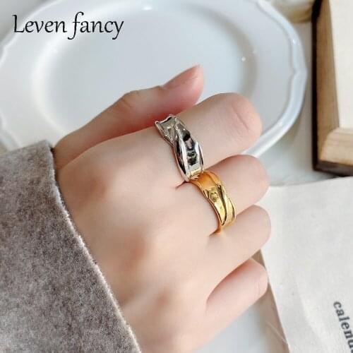 Geometric Minimalist 925 Sterling Silver Irregular Ring Female Design Wide Face Laminated Wrinkle Stacking Ring Adjustable Size