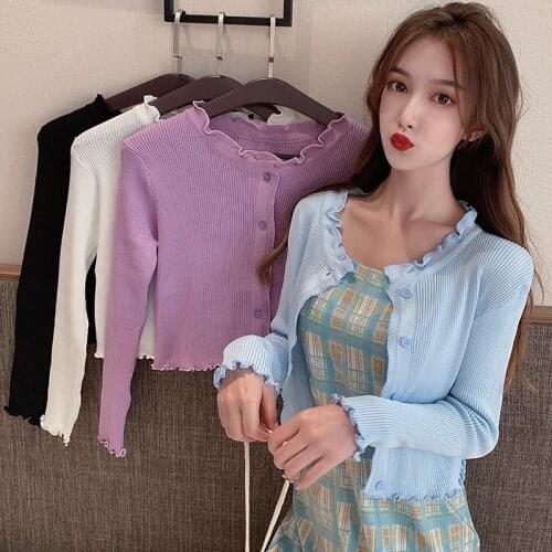 Cardigan knitted sweater Female Top Buttons Thin Fungus clothes autumn 2020 shirts Tops Woman Short Coats Purple Blue Ladies New