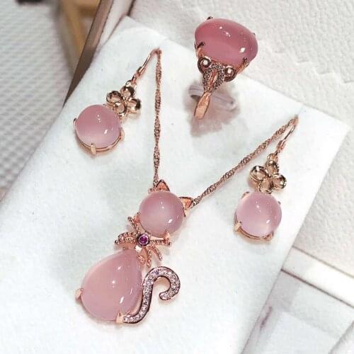 Natural ice pink cat jade pendant ring earring with 925 sterling silver set jade pendant necklace jade ring jade set rose gold