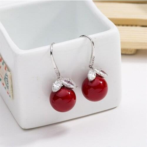Hot Copper Cubic Zirconia simple Exquisite Red ball Drop Earrings Women Fashion Cute Girls Simple Elegant Woman Earrings