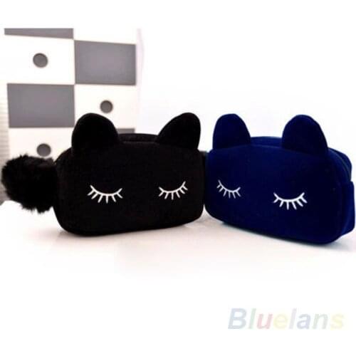 Cute Girl Pencil Case Pen Box School Cosmetic Makeup Velour Pouch Zipper Bag Cartoon Cat Multifunction Purse Travel Case