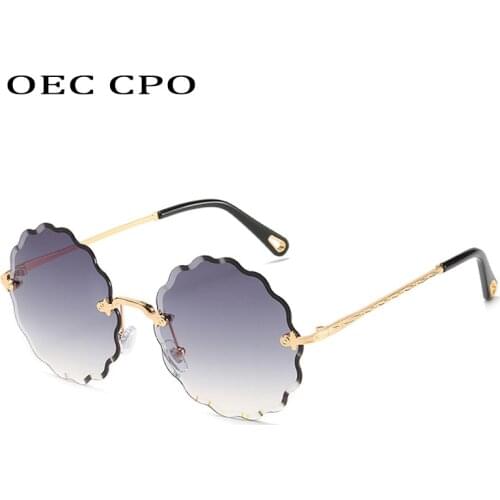 OEC CPO Fashion Rimless Round Sunglasses Women New Vintage Metal Gray Pink Lens Sunglasses Female UV400 Gafas Oculos Feminino