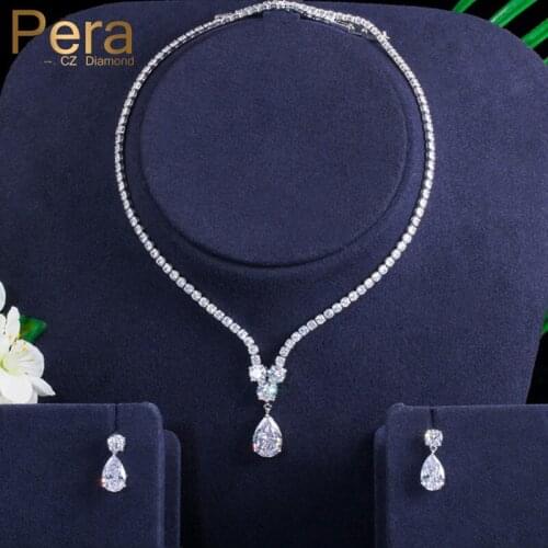 Pera Delicate Wedding Engagement Women Fashion CZ Costume Jewelry Round Drop Earrings and Pendant Necklaces Sets for Brides J315